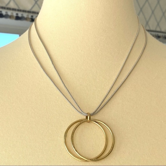 NWT Marjorie Baer Hammered Brass Circle Pendant Necklace Sterling Silver Chain - Picture 5 of 7